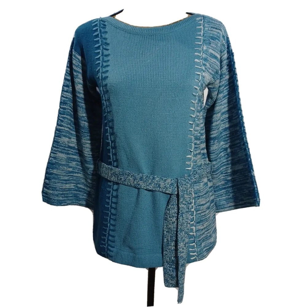 VTG MS TODAY‎ Sweater MED Blue Woven Colorblock Unique Kimono Sl Stretch